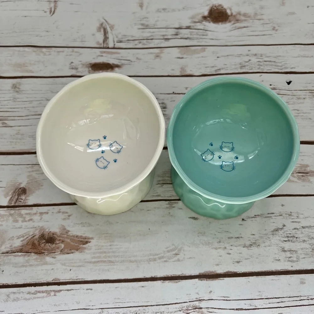 Signature Housewares Ceramic Pet Bowls Hammered Texture Elevated Set of 2 OS